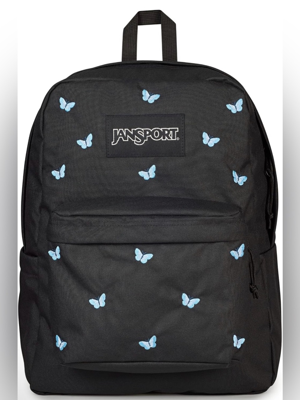 NWT JanSport Superbreak Plus FX Backpack, Butterflies Black/Md Blu/Lt Blu